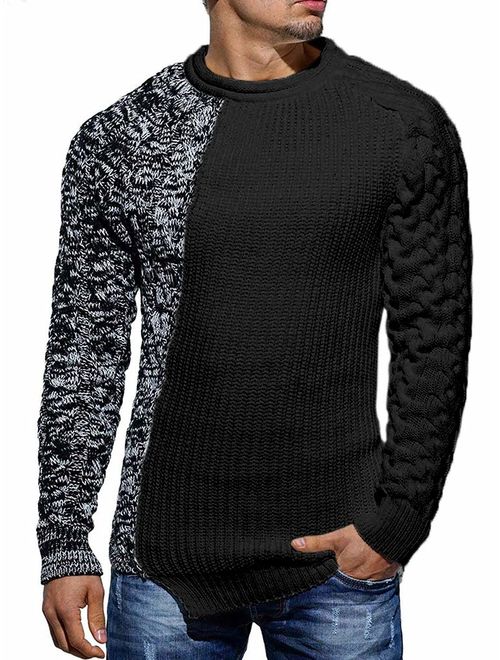 Taoliyuan Mens Pullover Sweater Winter Ribbed Knitted Color Block Comfort Stylish Twisted Long Sleeves Sweaters