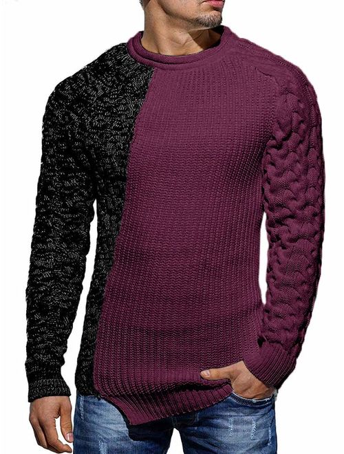 Taoliyuan Mens Pullover Sweater Winter Ribbed Knitted Color Block Comfort Stylish Twisted Long Sleeves Sweaters