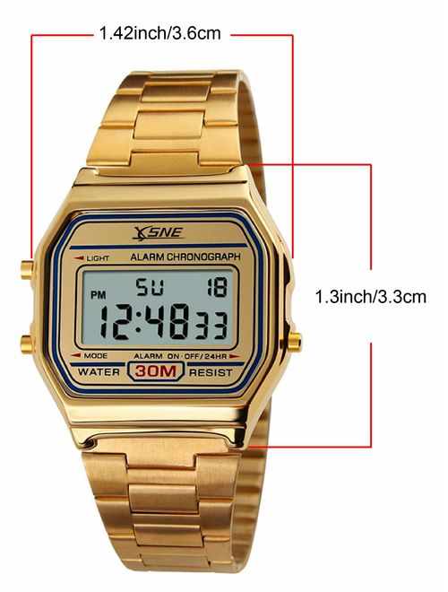 Digital Sports Watch Water Resistant Outdoor Stainless Steel Band Electronic Waterproof Square LED Back Light Men's Wristwatch Gold 1123