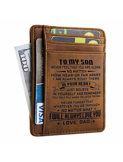 Dad Son Wallet - Engraved Leather Front Pocket Wallet (A - Son, dad will always love you)