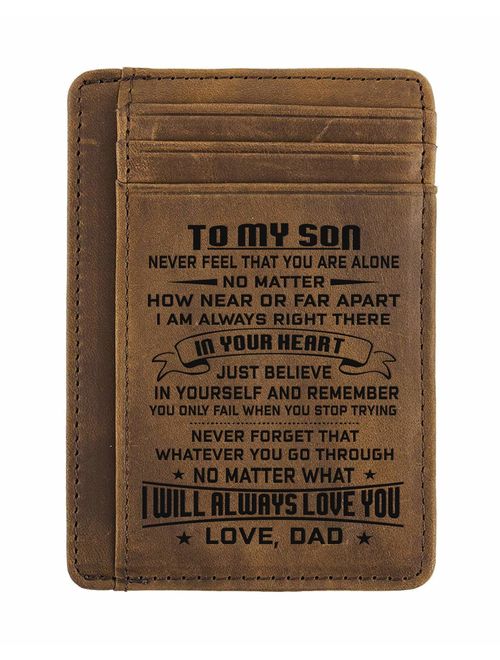 Dad Son Wallet - Engraved Leather Front Pocket Wallet (A - Son, dad will always love you)