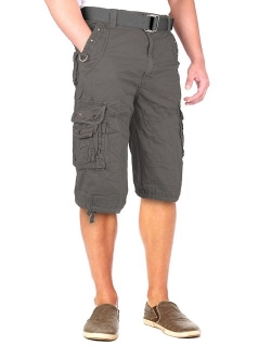 North 15 Mens Belted Cotton Military Style Multi Pocket Cargo Short