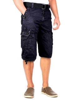 North 15 Mens Belted Cotton Military Style Multi Pocket Cargo Short