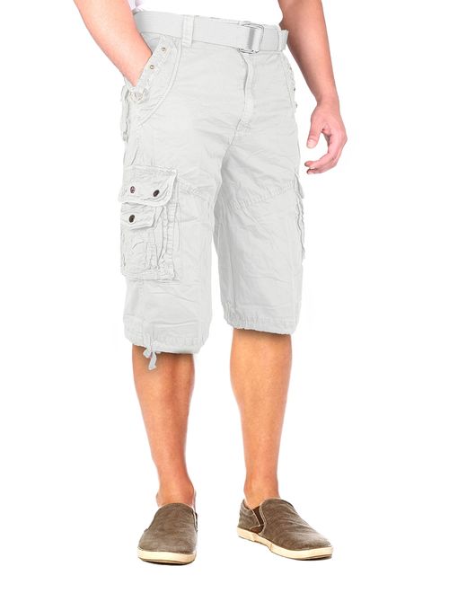 North 15 Mens Belted Cotton Military Style Multi Pocket Cargo Short