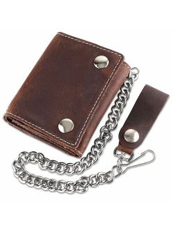 RFID Blocking Men's Tri-fold Vintage Biker Cowhide Top Grain Leather Steel Chain Wallet,Snap closure, Made In USA,...