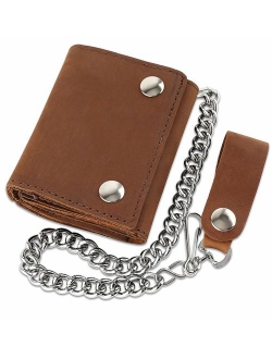 RFID Blocking Men's Tri-fold Vintage Biker Cowhide Top Grain Leather Steel Chain Wallet,Snap closure, Made In USA,...