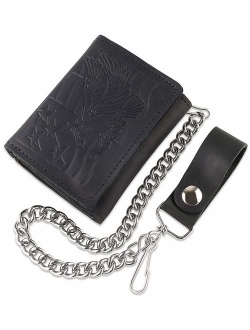 RFID Blocking Men's Tri-fold Vintage Biker Cowhide Top Grain Leather Steel Chain Wallet,Snap closure, Made In USA,...