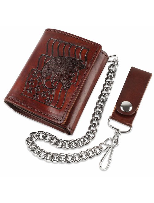 RFID Blocking Men's Tri-fold Vintage Biker Cowhide Top Grain Leather Steel Chain Wallet,Snap closure, Made In USA,...