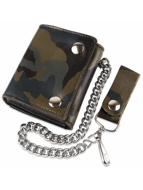 RFID Blocking Men's Tri-fold Vintage Biker Cowhide Top Grain Leather Steel Chain Wallet,Snap closure, Made In USA,...