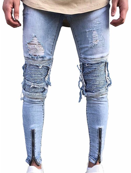 LOSIBUDSA Men's Skinny Slim Fit Straight Ripped Destroyed Distressed Zipper Stretch Knee Patch Denim Pants Jeans