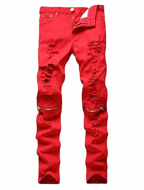 LOSIBUDSA Men's Skinny Slim Fit Straight Ripped Destroyed Distressed Zipper Stretch Knee Patch Denim Pants Jeans