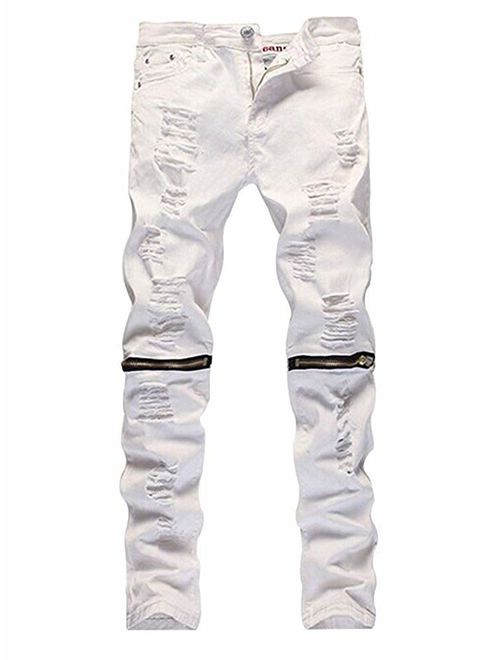 LOSIBUDSA Men's Skinny Slim Fit Straight Ripped Destroyed Distressed Zipper Stretch Knee Patch Denim Pants Jeans