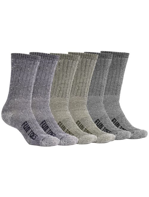 FUN TOES Men's Crew Merino Wool Socks 6 Pairs Winter Lightweight, Reinforced Size 8-12