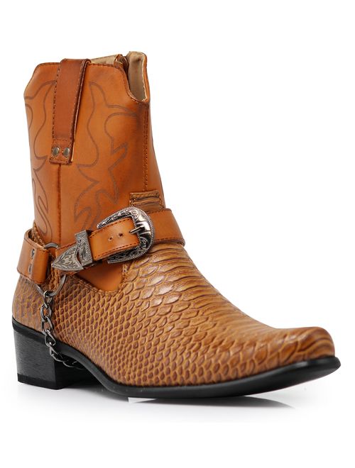 Alberto Fellini Men's Crocodile Prints Western Cowboy Boots with Side Zipper, Belt Buckle and Metal Chain