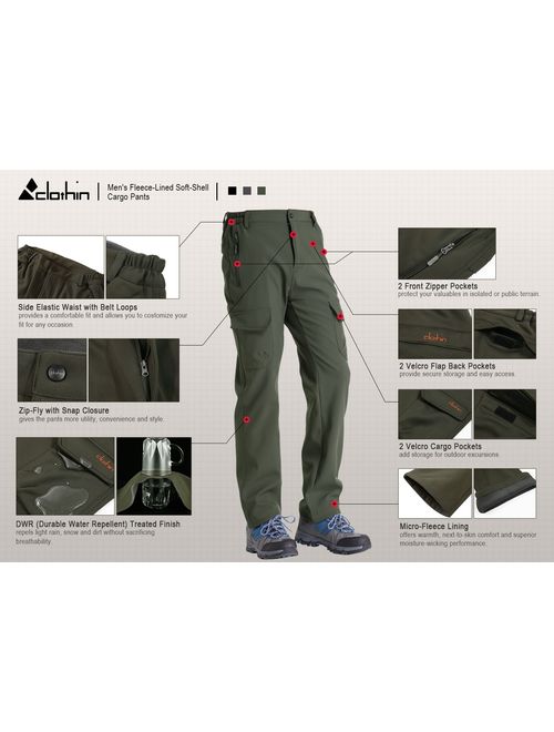 Clothin Men's Softshell Fleece-Lined Cargo Pants - Warm, Breathable, Water-Repellent, Wind-Resistant-Insulated