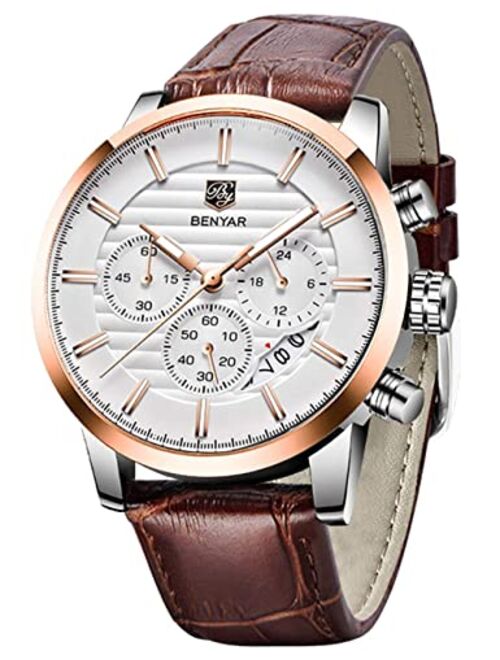 BENYAR Quartz Chronograph Waterproof Watches Business and Sport Design Leather Band Strap Wrist Watch for Men