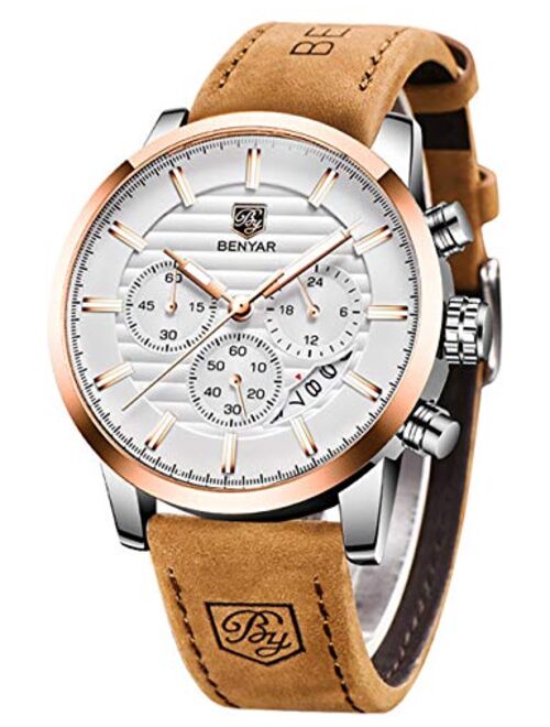 BENYAR Quartz Chronograph Waterproof Watches Business and Sport Design Leather Band Strap Wrist Watch for Men