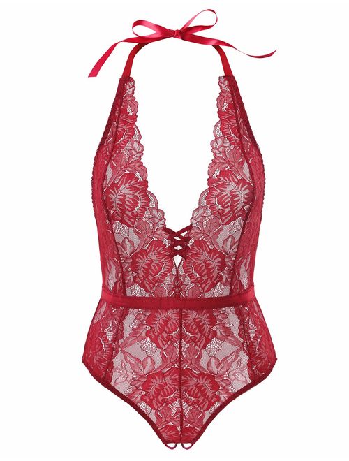 Garmol Womens Lingerie Teddy Lace Sexy Deep v One Piece Lingerie Bodysuit Babydoll