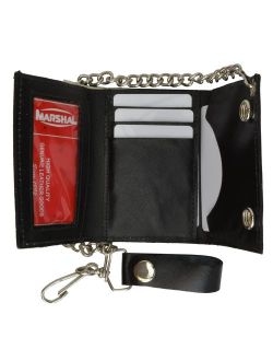 BLACK GENUINE LEATHER Trifold Biker's Wallet ID Card Holder w/Chain Skull