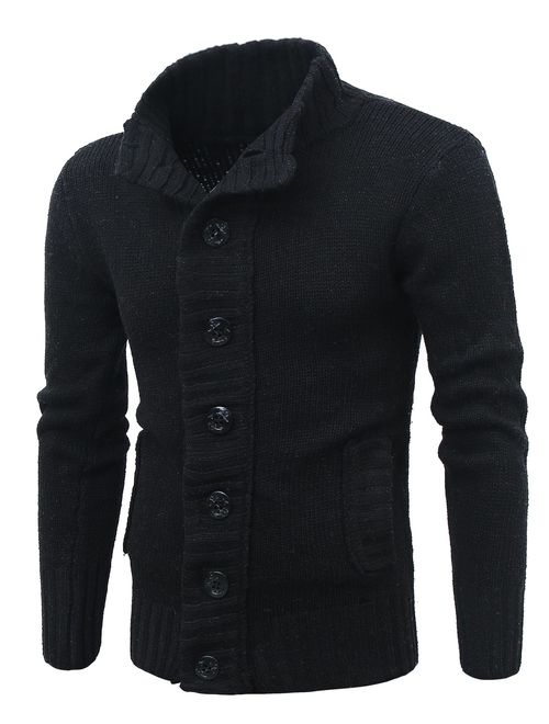 MIEDEON Mens Casual Stand Collar Cable Knitted Button Down Cardigan Sweater