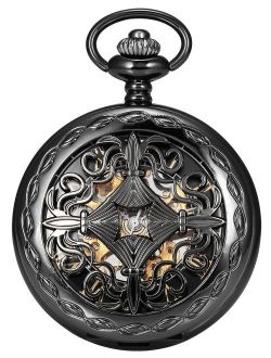 AMPM24 Steampunk Black Copper Case Skeleton Mechanical Pocket Watch Fob WPK167