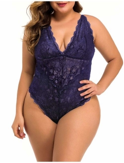 XAKALAKA Women Plus Size Lace Bodysuit Teddy Lingerie One Piece Babydoll Clubwear S-XXXXL