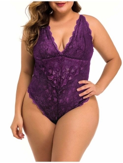 XAKALAKA Women Plus Size Lace Bodysuit Teddy Lingerie One Piece Babydoll Clubwear S-XXXXL