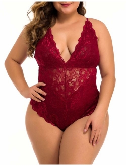 XAKALAKA Women Plus Size Lace Bodysuit Teddy Lingerie One Piece Babydoll Clubwear S-XXXXL