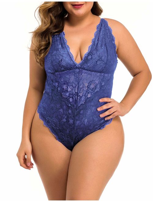 XAKALAKA Women Plus Size Lace Bodysuit Teddy Lingerie One Piece Babydoll Clubwear S-XXXXL