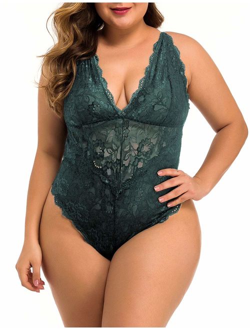 XAKALAKA Women Plus Size Lace Bodysuit Teddy Lingerie One Piece Babydoll Clubwear S-XXXXL