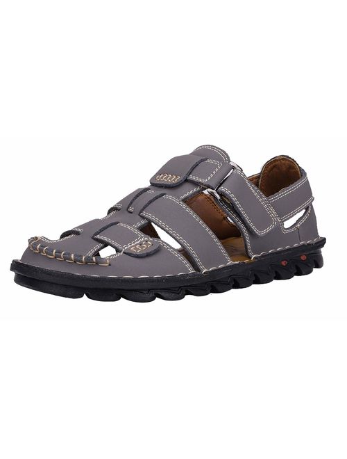 JIONS Mens Hand Stitching Outdoor Closed Toe Leather Sandals Beach Slipper Shoes, Adjustable Heel Strap Slip on Sandals