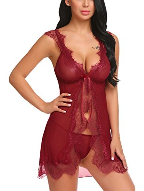 Pintimi Women Open Front Lingerie Eyelash Lace Babydoll Nightgown Sheer Chemise Sleepwear