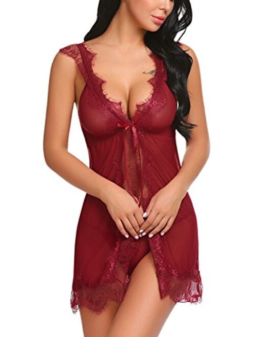 Pintimi Women Open Front Lingerie Eyelash Lace Babydoll Nightgown Sheer Chemise Sleepwear