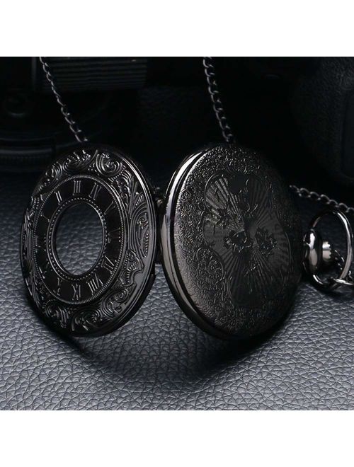 MJSCPHBJK Black Pocket Watch Roman Pattern Steampunk Retro Vintage Quartz Roman Numerals Pocket Watch for Xmas Fathers Day Gift