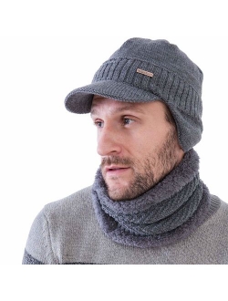 Winter Beanie w/Visor & Earflaps for Men Outdoor Fleece Hat Scarf Set