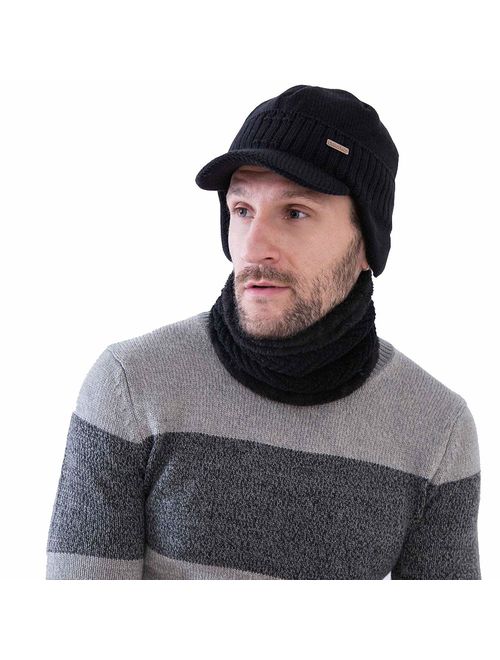 Winter Beanie w/Visor & Earflaps for Men Outdoor Fleece Hat Scarf Set