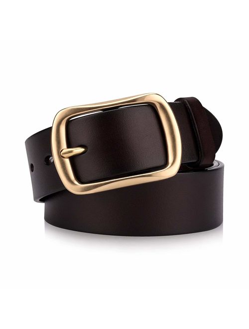 Men's Genuine Leather Belts with Solid Brass Gold Buckle, Top-Grain One Piece Leather Dress Casual Belts For Men.