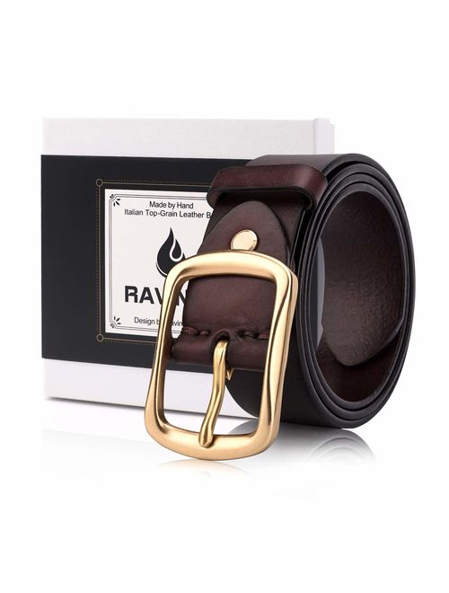 Men's Genuine Leather Belts with Solid Brass Gold Buckle, Top-Grain One Piece Leather Dress Casual Belts For Men.