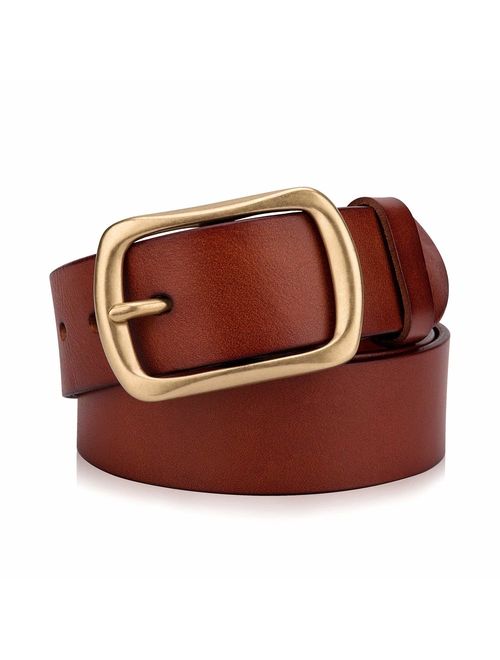 Men's Genuine Leather Belts with Solid Brass Gold Buckle, Top-Grain One Piece Leather Dress Casual Belts For Men.