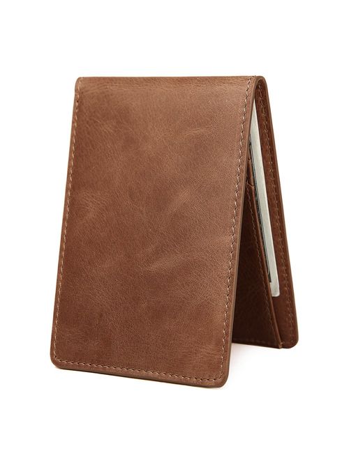 Men's Slim Leather Wallet Small Billfold Front Pocket Wallet with RFID Blocking ID window