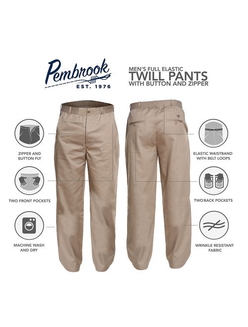 Pembrook Men's Elastic Waist Casual Pants Twill Pants with Zipper and Button