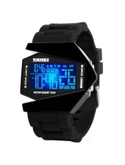 Gosasa Men Sports Military Watches Digital Airplane Shaped LED Colorful Light Watches