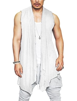 Men's Ruffle Shawl Collar Cardigan Sleeveless Open Front Vest Lightweight Cotton Long Length Drape Cape