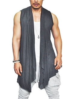 Men's Ruffle Shawl Collar Cardigan Sleeveless Open Front Vest Lightweight Cotton Long Length Drape Cape