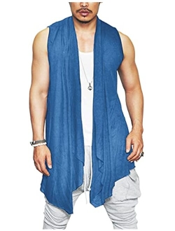 Men's Ruffle Shawl Collar Cardigan Sleeveless Open Front Vest Lightweight Cotton Long Length Drape Cape