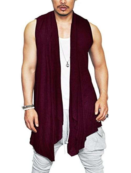 COOFANDY Men's Ruffle Shawl Collar Cardigan Sleeveless Open Front Vest Lightweight Cotton Long Length Drape Cape