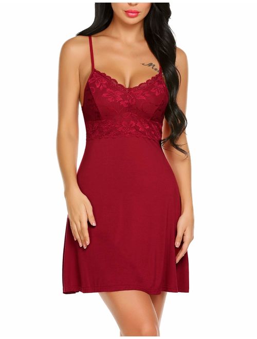 Pintimi Women Lingerie Lace Babydoll Sexy Chemise Nightgown Nightie V Neck Sleepwear Slip Dress