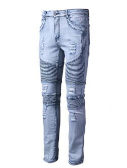 DAVID.ANN Men's Ripped Slim Straight Biker Jeans