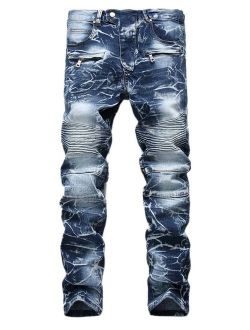 FEESON Men's Stylish Camo Straight Fit Stitching Moto Biker Blue Jeans