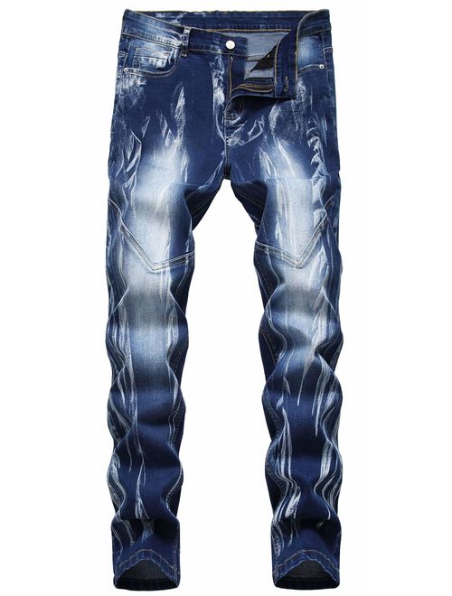 FEESON Men's Stylish Camo Straight Fit Stitching Moto Biker Blue Jeans